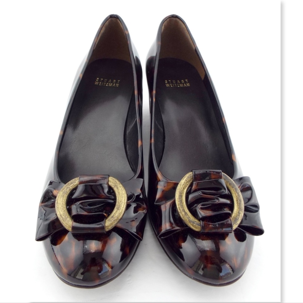 STUART WEITZMAN Tortoise Patent Leather Buckled Bow Wedge Heel Pumps 8.5